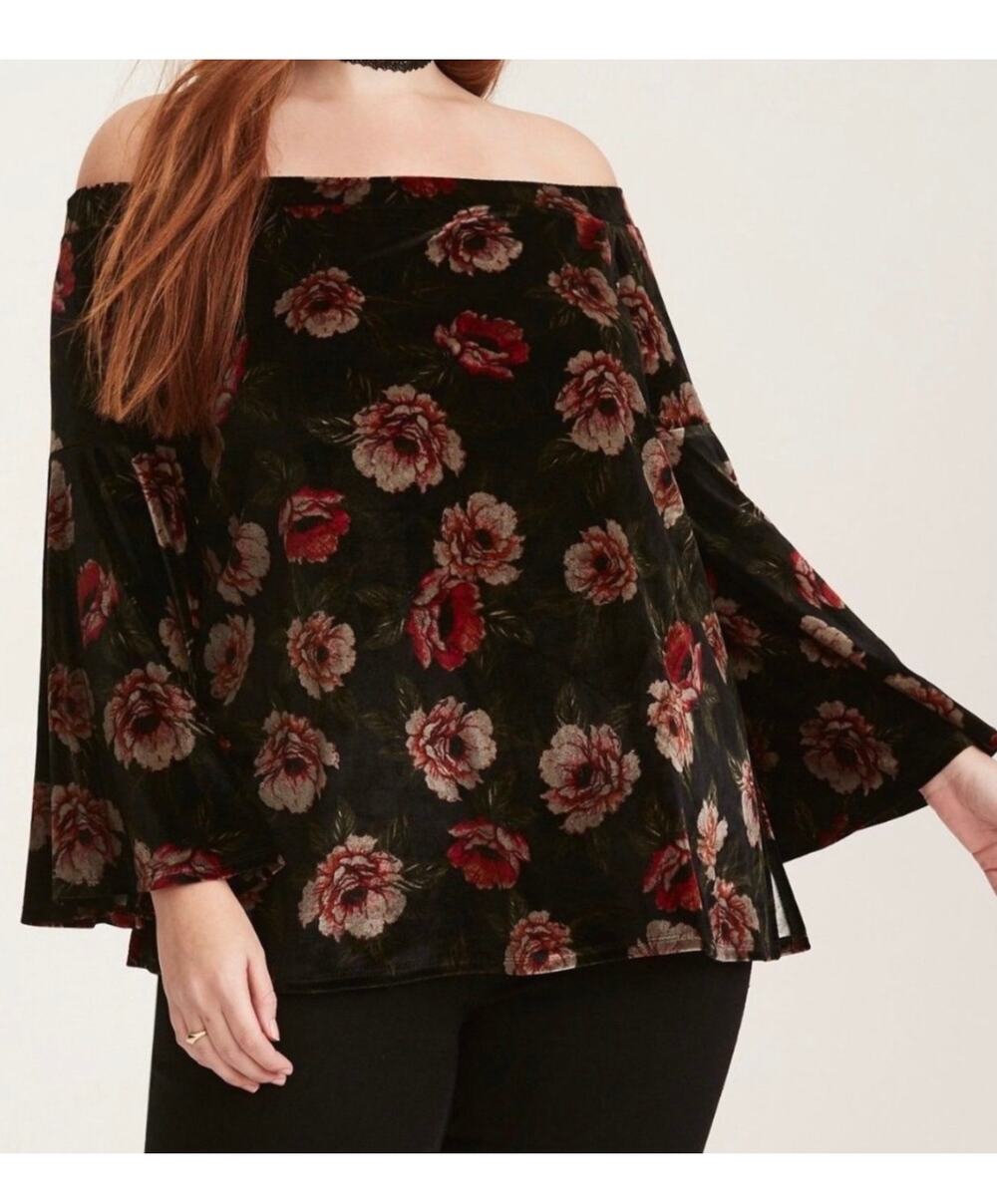 Torrid Black Floral Velvet Off Shoulder Bell Sleeve Boho Romantic Top 0 Large